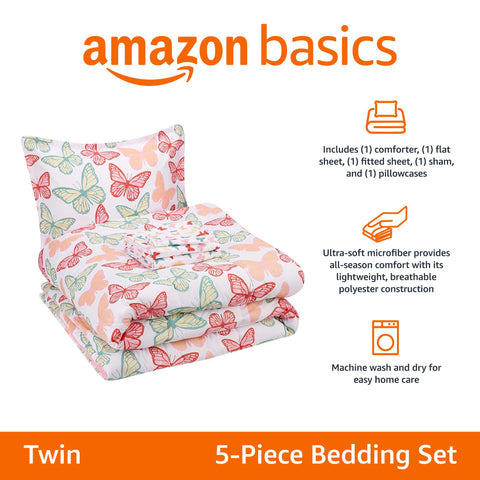 Amazon Basics butterfly skies bed-in-a-bag layout highlighting coordinated sheets and comforter.