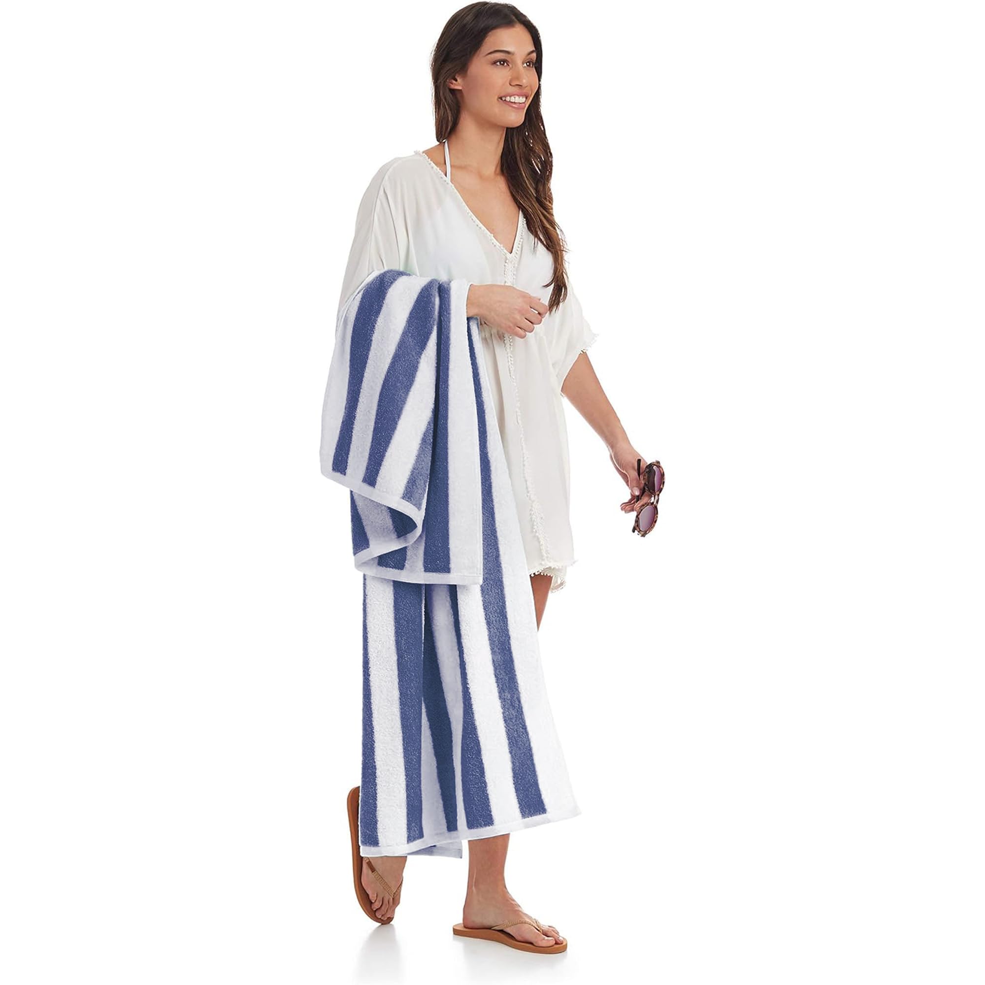 Amazon Basics cabana stripe beach towel drying outdoors after a beach day