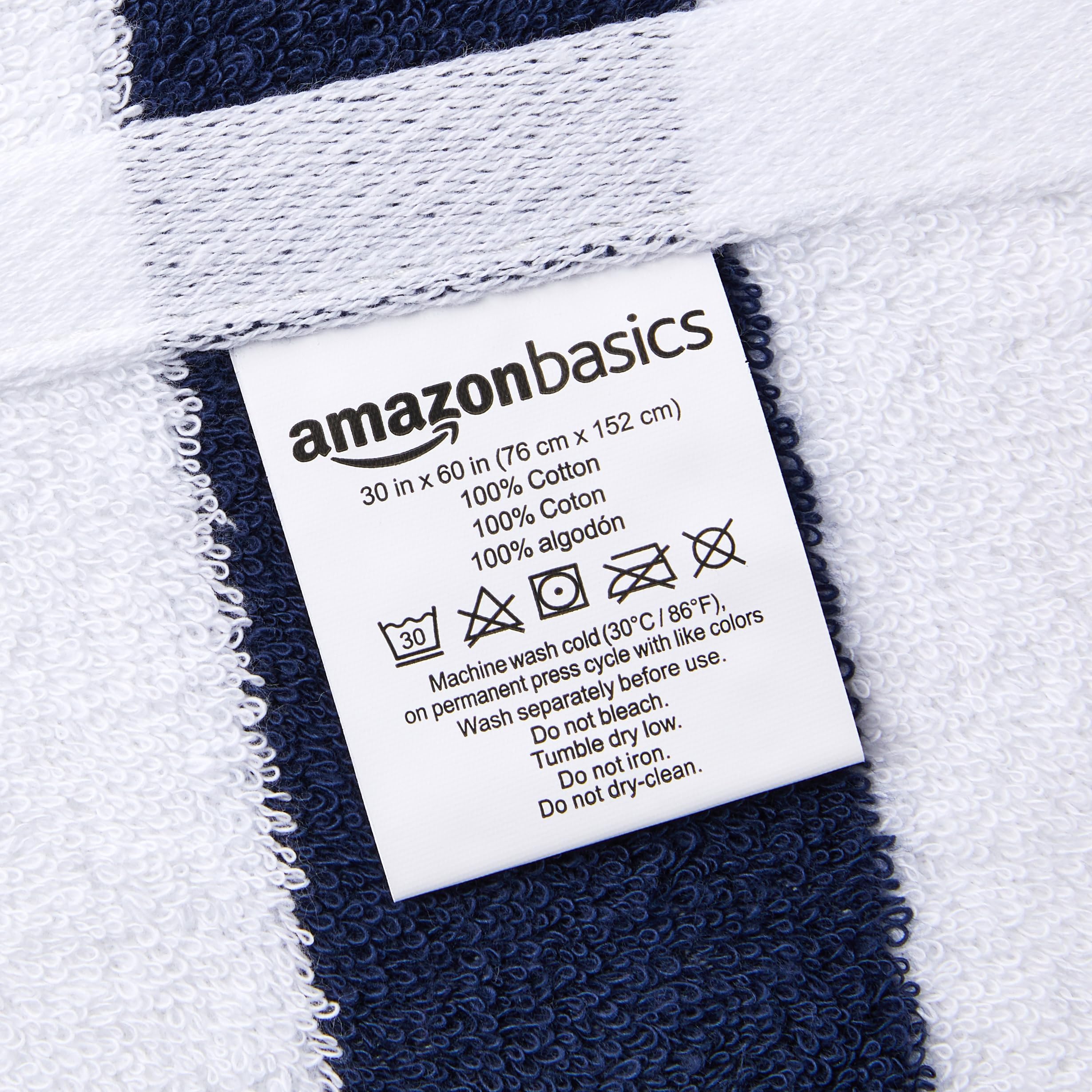 Amazon Basics cabana stripe beach towel close-up shows soft ring-spun cotton texture