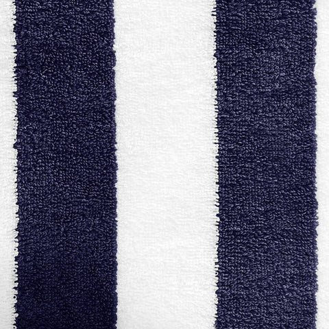 Amazon Basics cabana stripe beach towel navy detail highlights the classic pattern