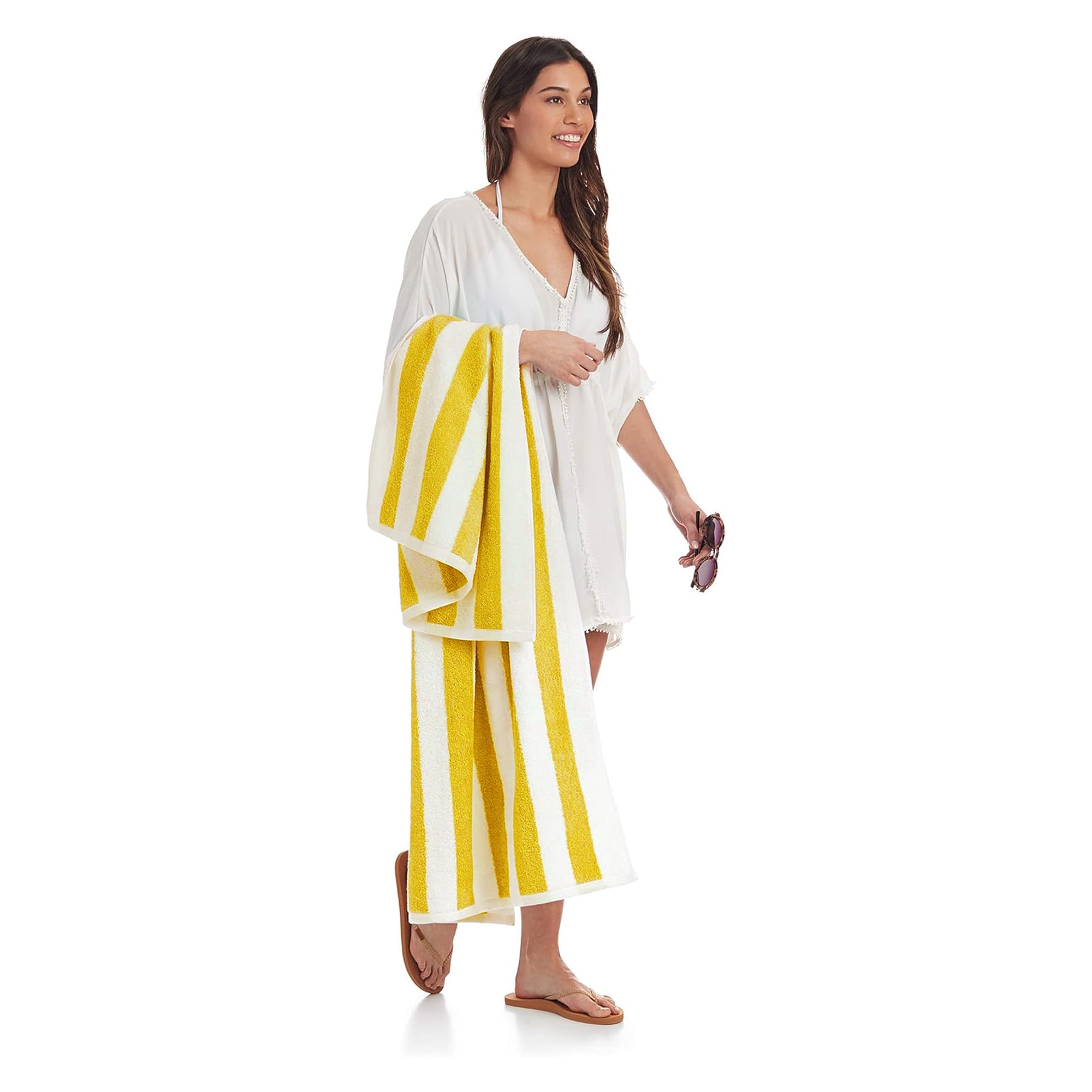 Amazon Basics cabana stripe yellow towel machine washable for easy care and reuse.
