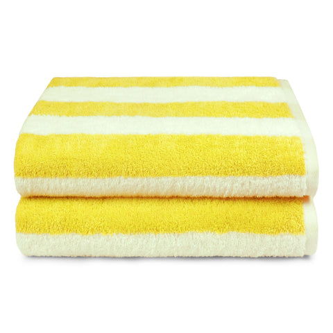 Amazon Basics cabana stripe yellow towel OEKO-TEX green certified for safer textiles.