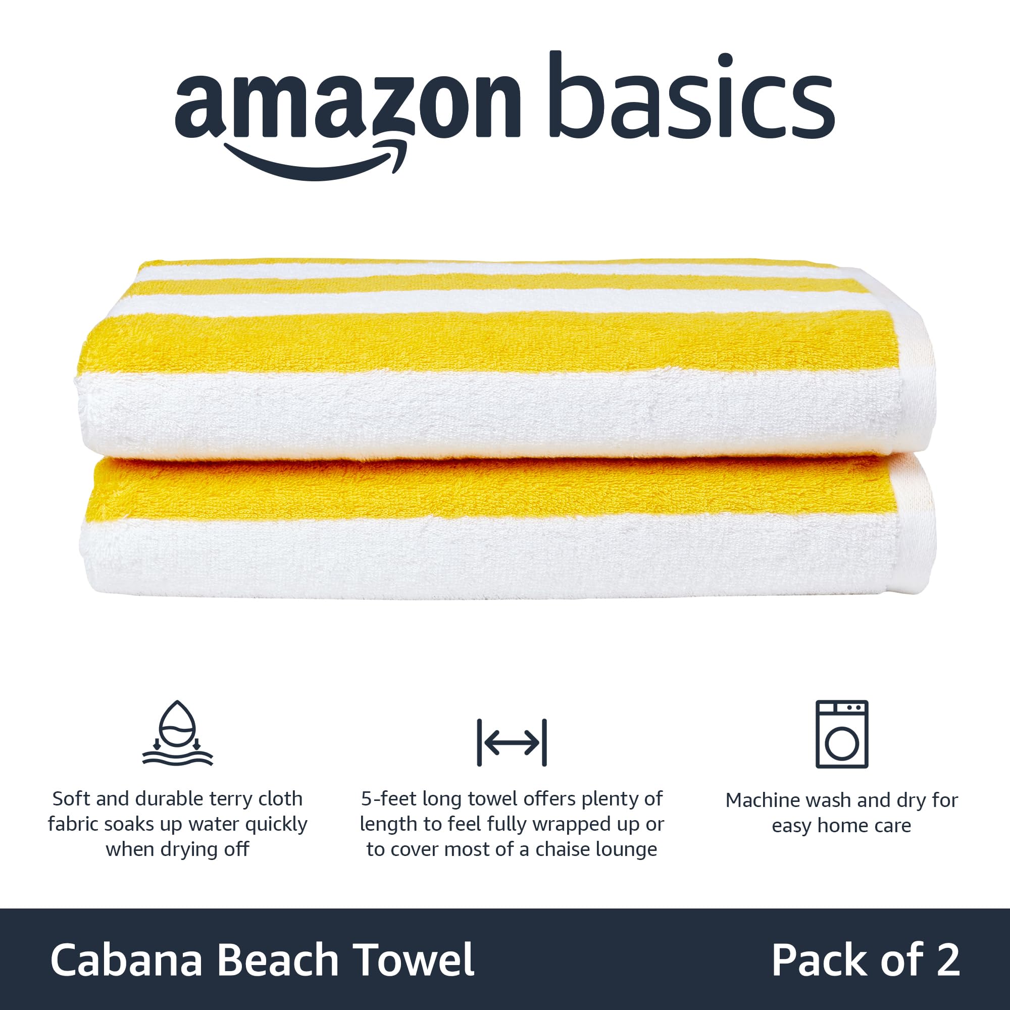Amazon Basics cabana stripe yellow towel spread flat, large 30x60 for poolside lounging.