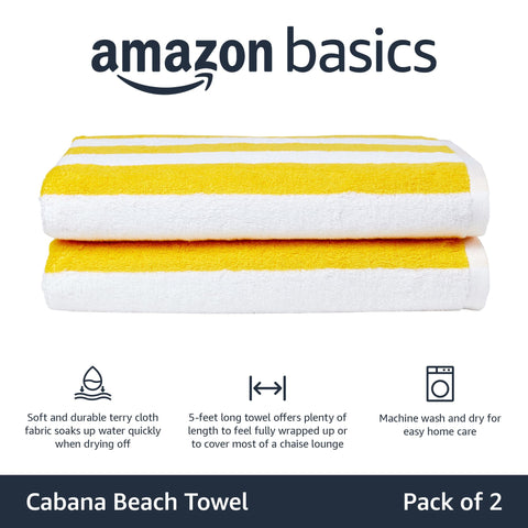 Amazon Basics cabana stripe yellow towel spread flat, large 30x60 for poolside lounging.