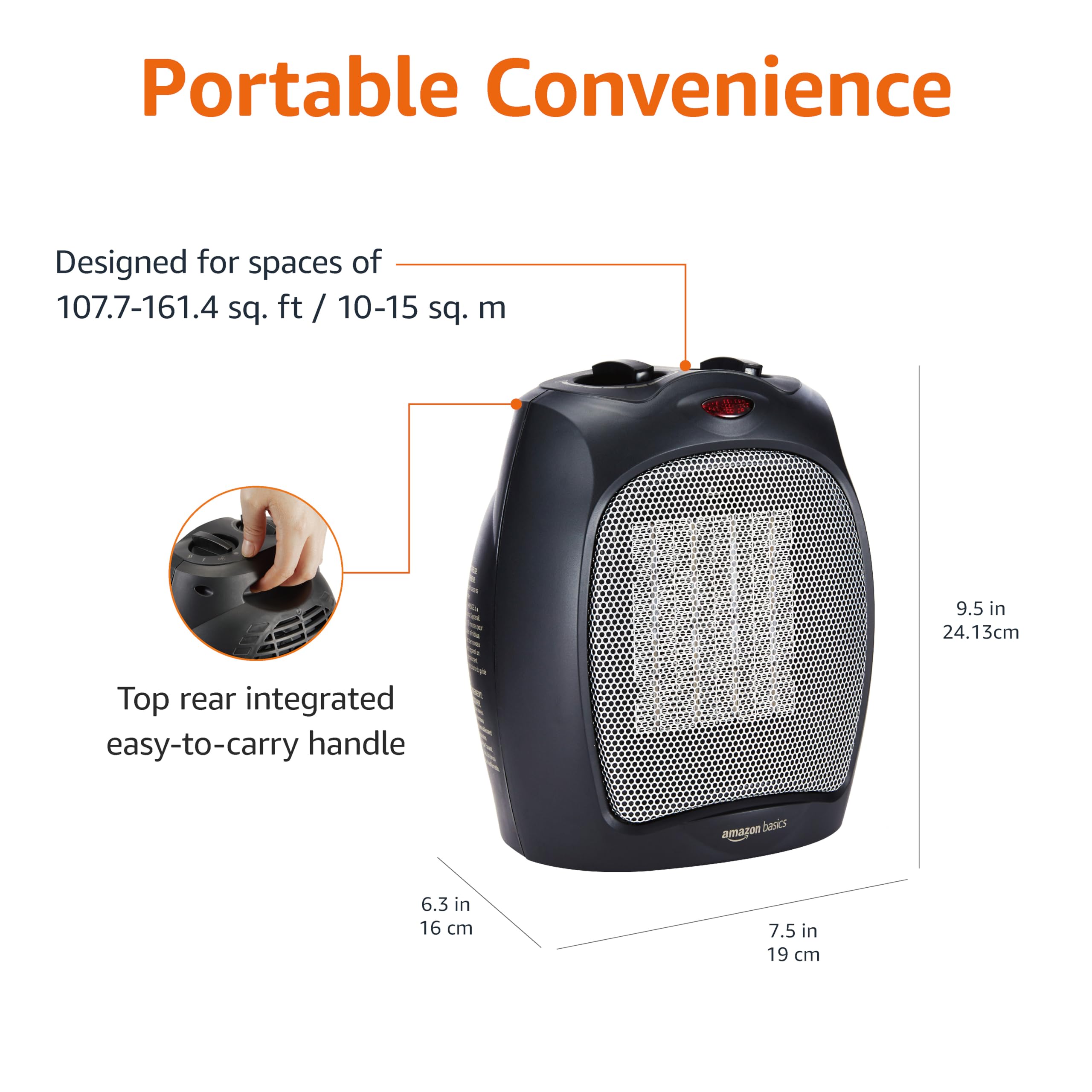 Compact design of Amazon Basics heater sits neatly beside a desk.