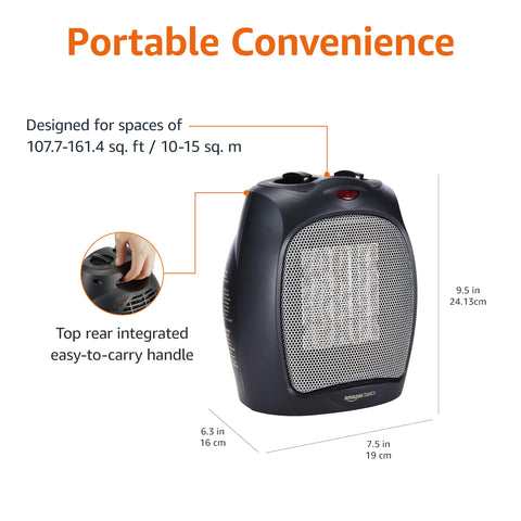 Compact design of Amazon Basics heater sits neatly beside a desk.