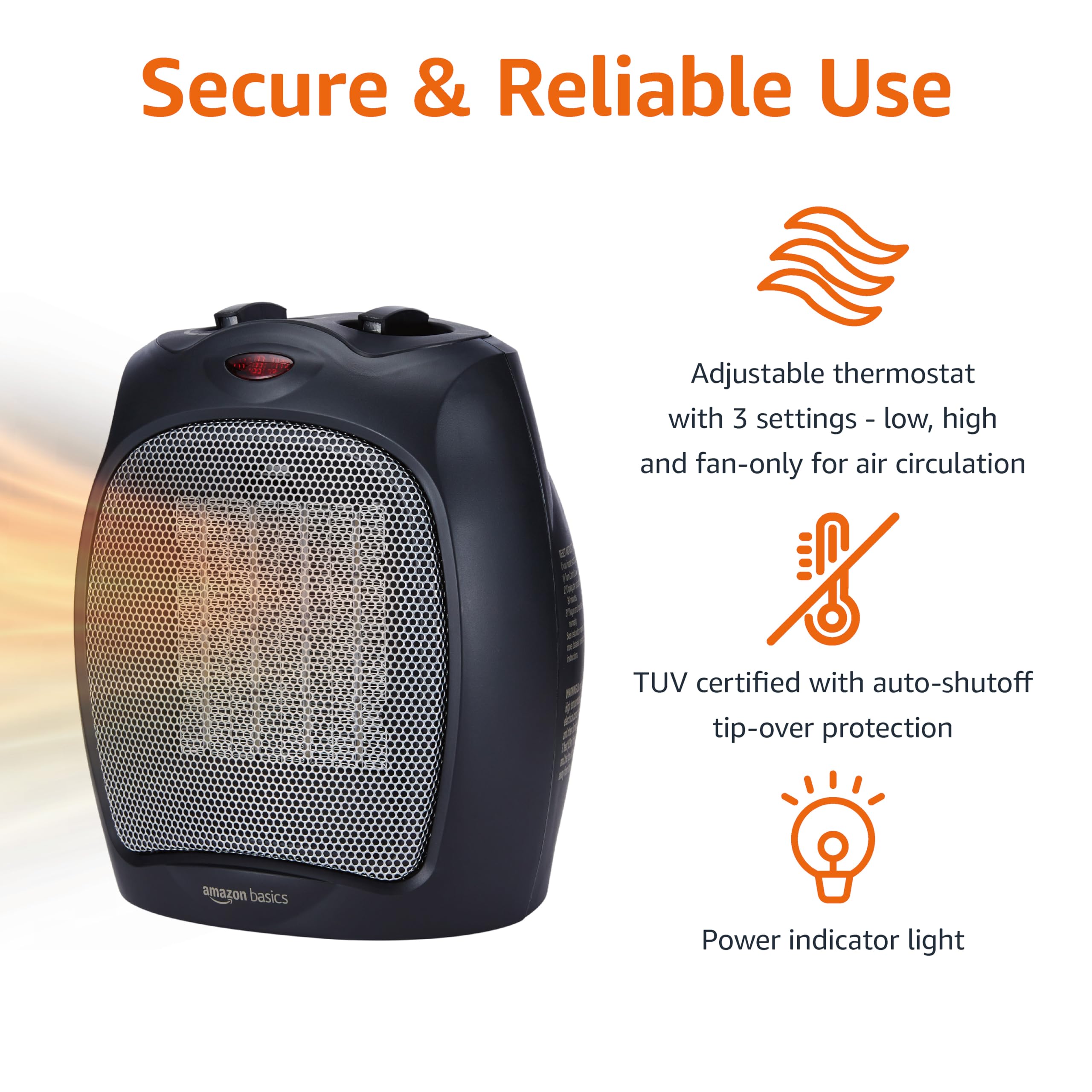 Amazon Basics ceramic heater control panel with three settings for easy temperature control.