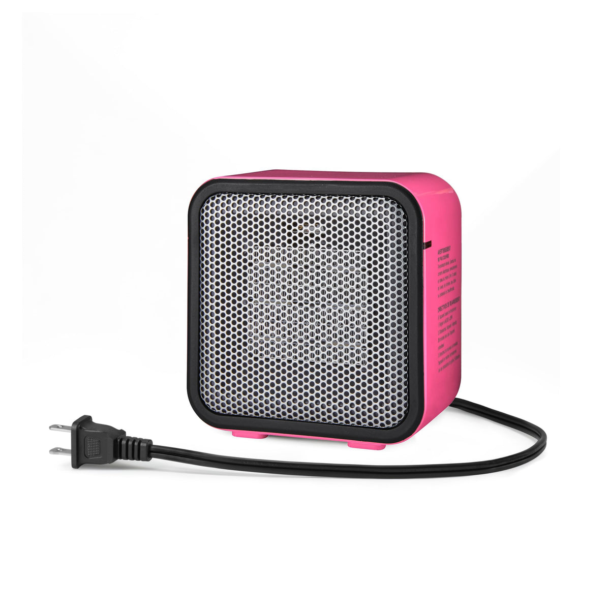 Amazon Basics ceramic space heater on a desk showing compact design for small spaces