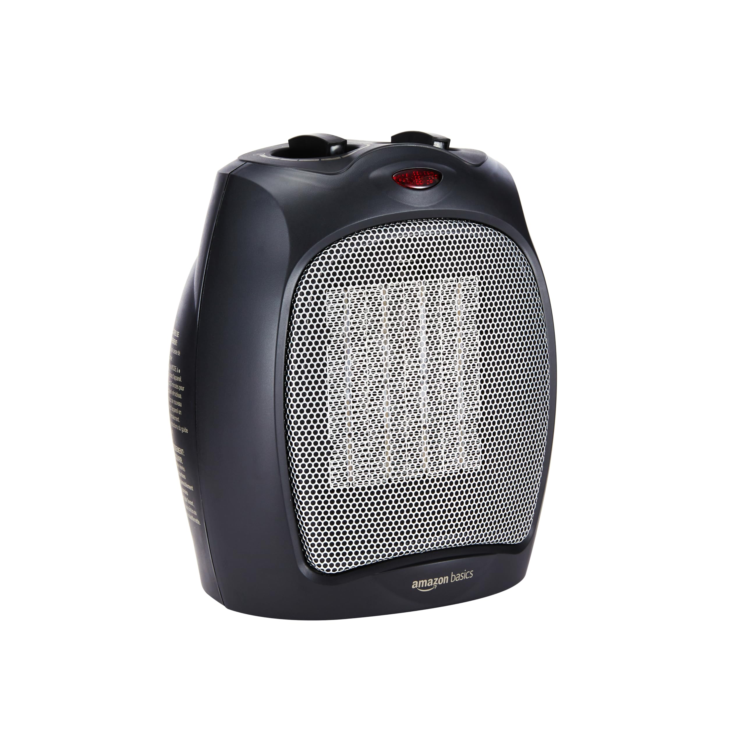 Amazon Basics ceramic space heater front view showing compact size for small spaces.