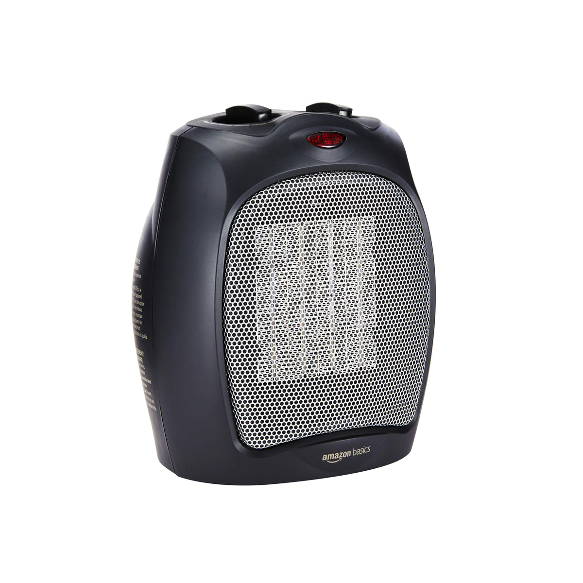 Amazon Basics ceramic space heater front view showing compact size for small spaces.