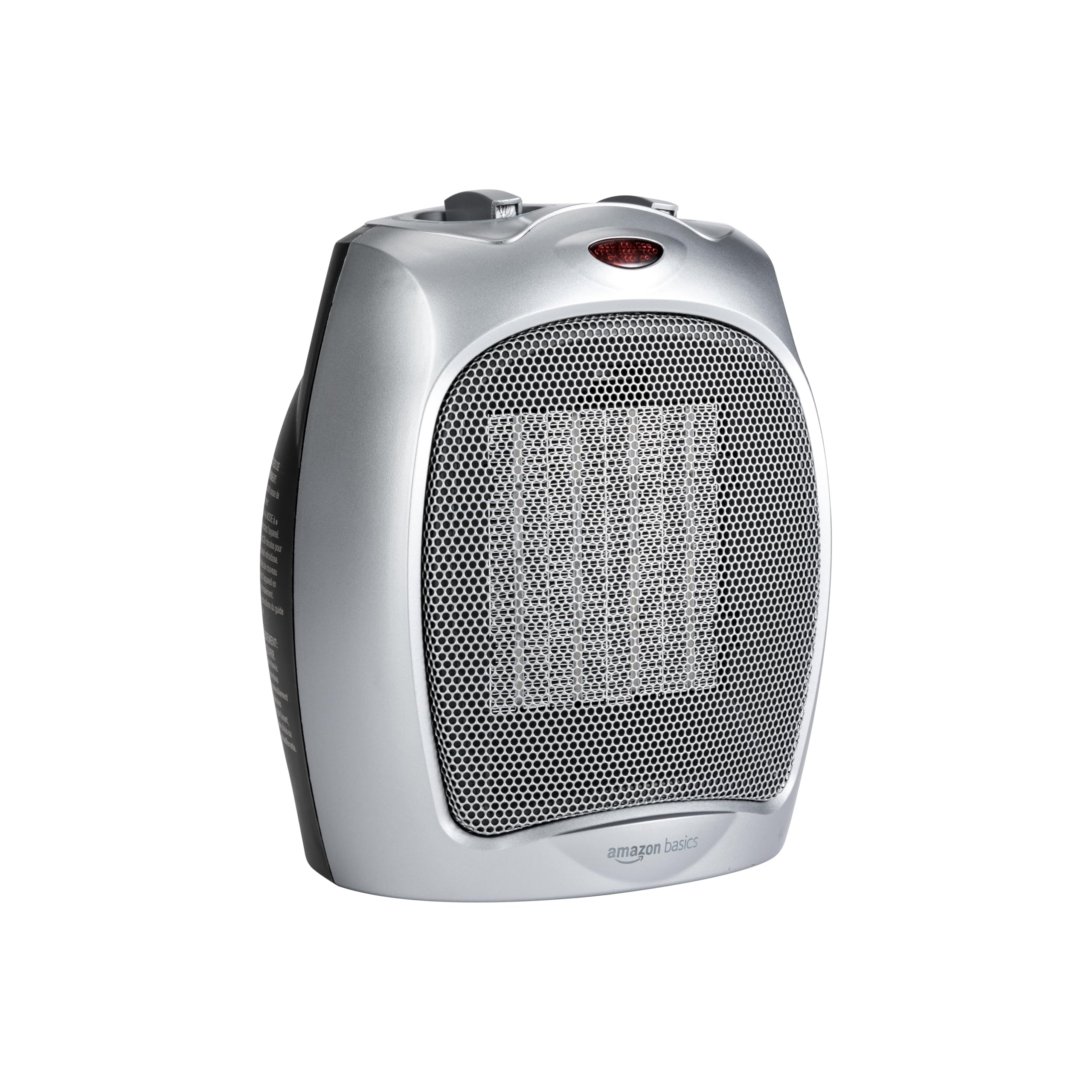 Amazon Basics ceramic space heater front view showing compact desk-friendly design