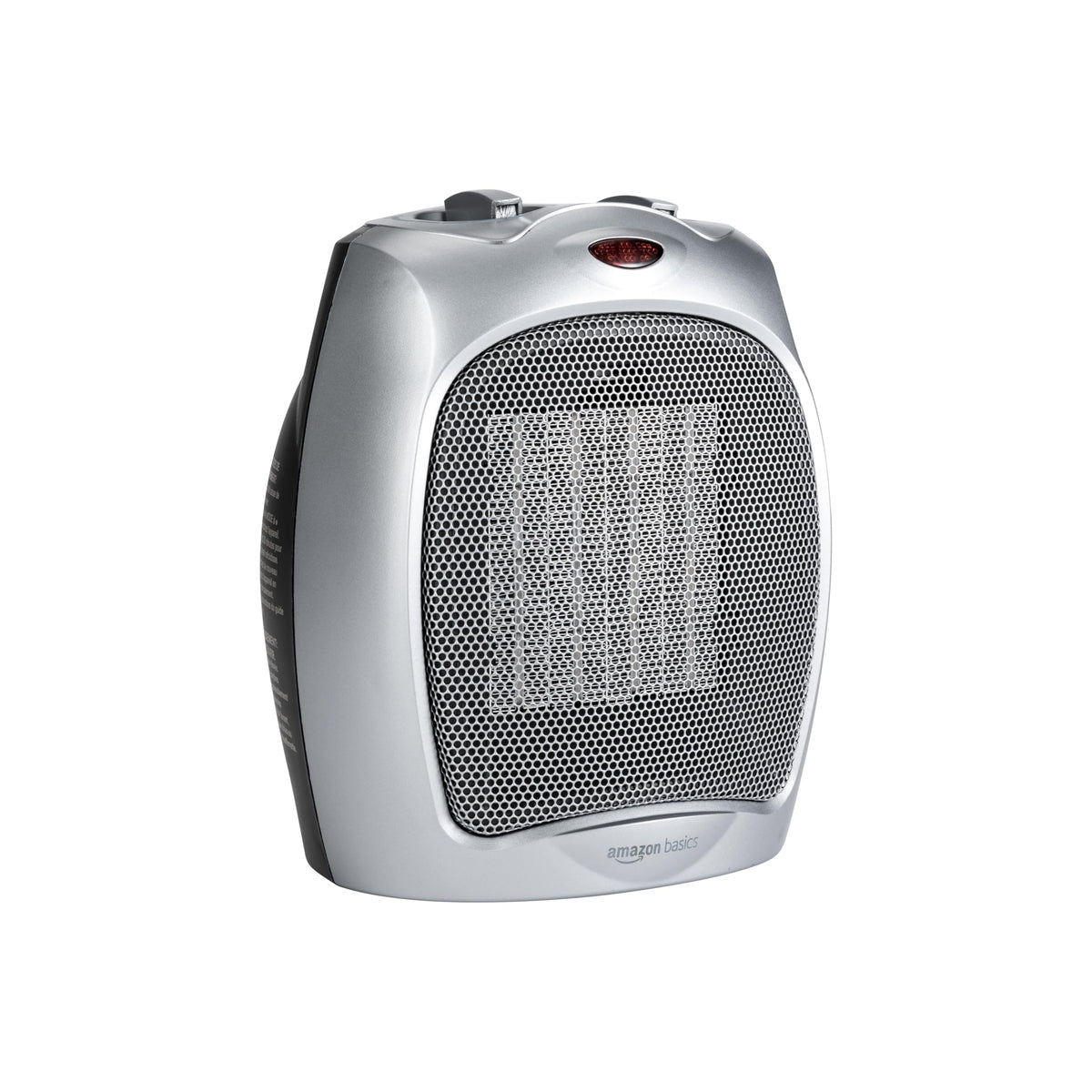 Amazon Basics ceramic space heater front view showing compact desk-friendly design