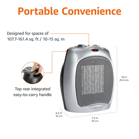 Amazon Basics ceramic space heater side angle highlighting portable footprint