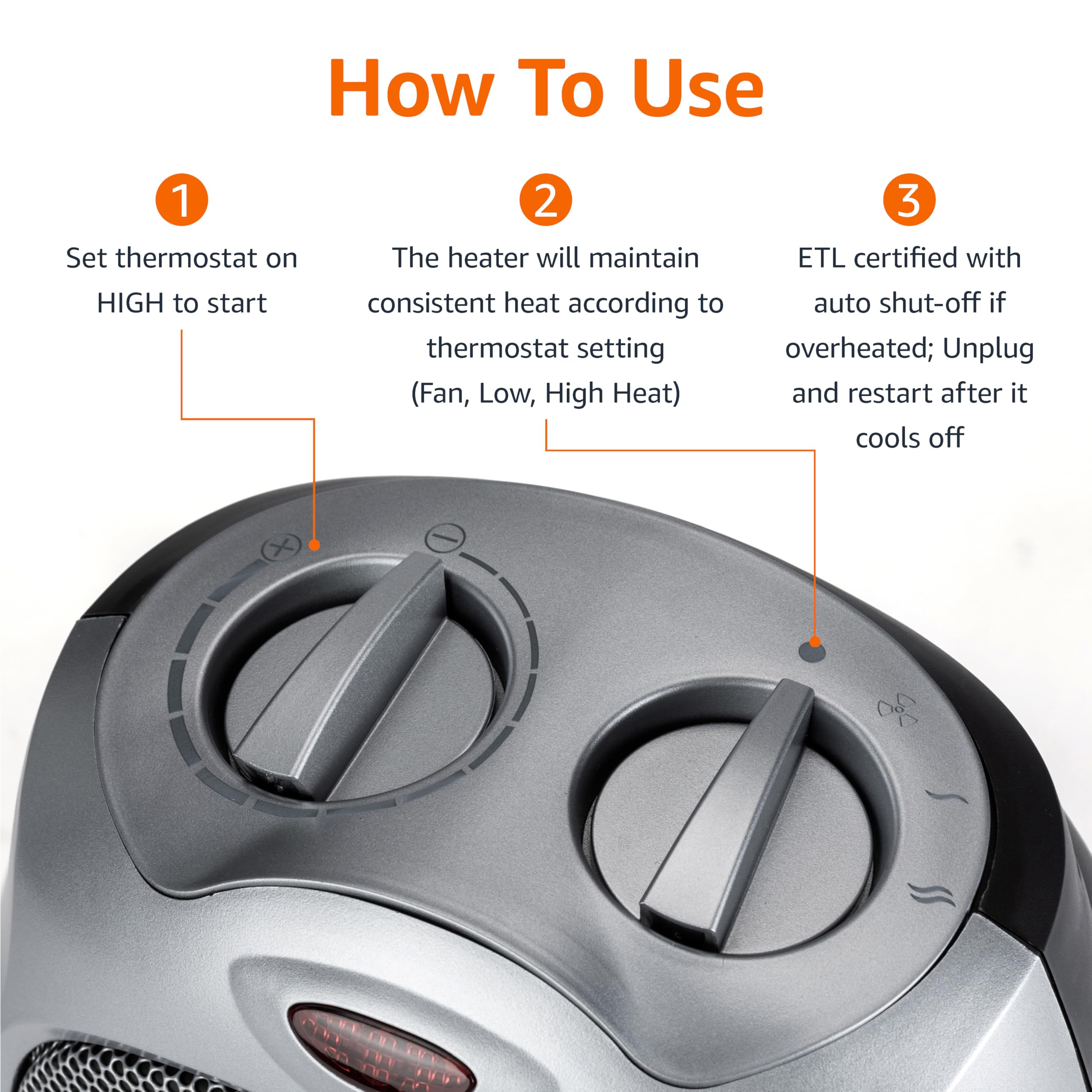 Amazon Basics ceramic space heater top view illustrating slim dimensions