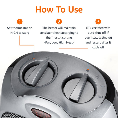 Amazon Basics ceramic space heater top view illustrating slim dimensions