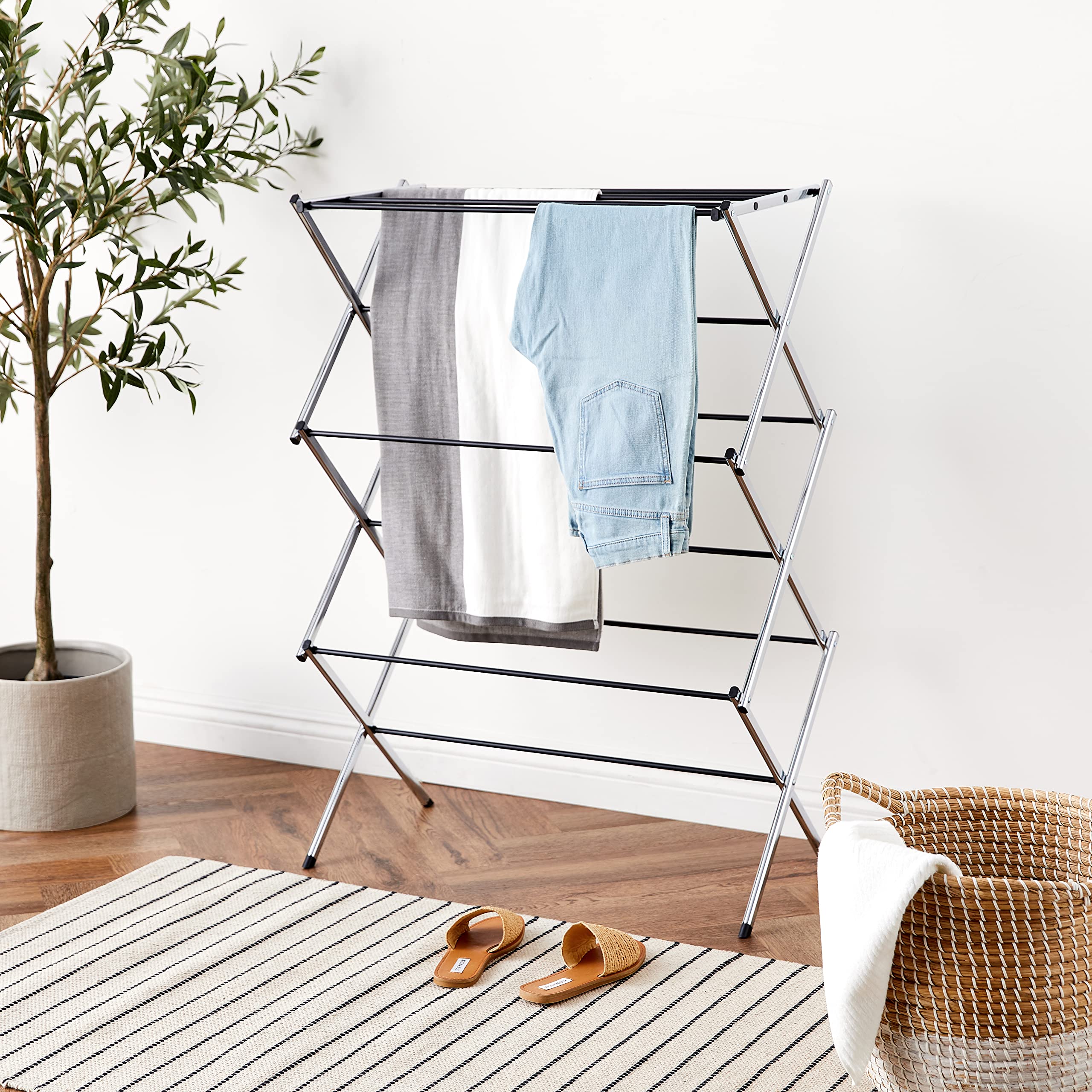 Amazon Basics chrome finish steel frame highlights durability and rust resistance.