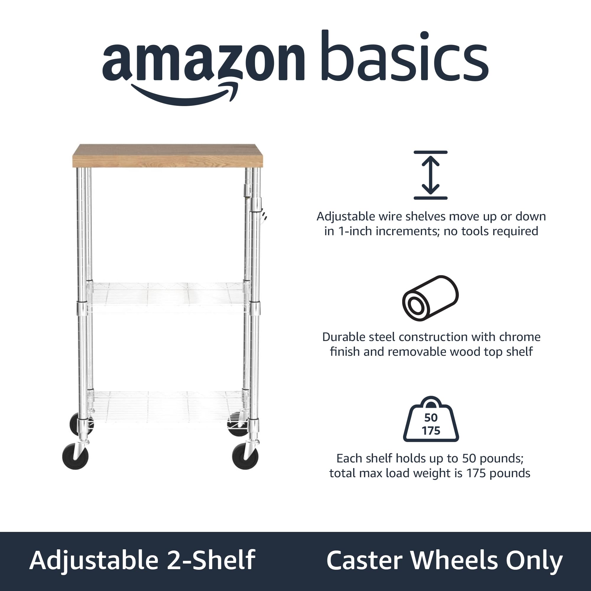Chrome-frame cart with wood top and shelves offers sturdy workspace on wheels.