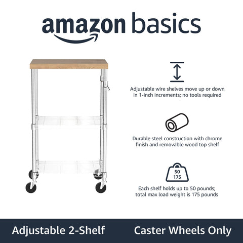 Chrome-frame cart with wood top and shelves offers sturdy workspace on wheels.