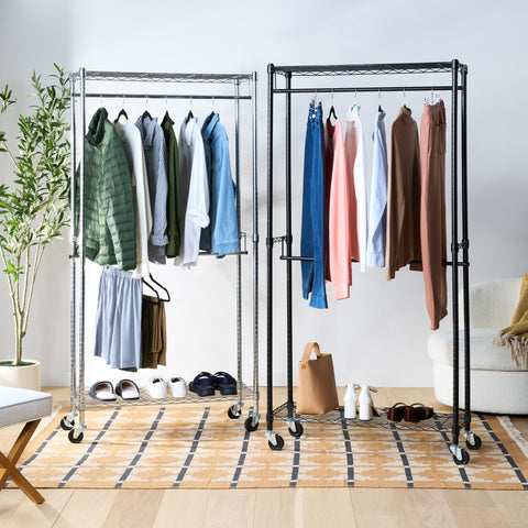 Amazon Basics chrome rack on wheels for portable closet organization.