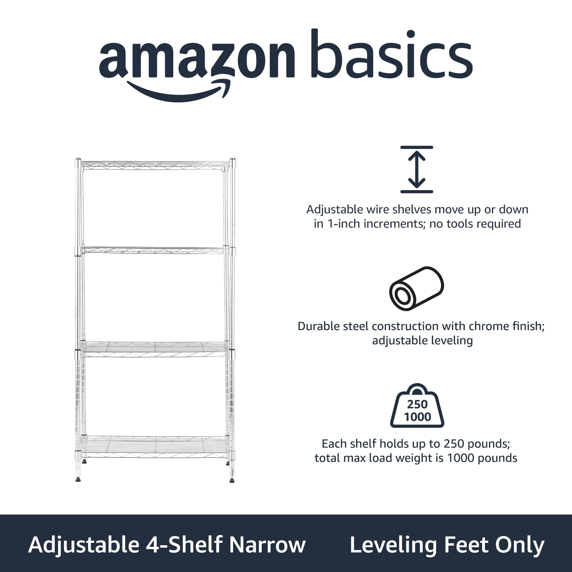 Amazon Basics chrome steel wire rack demonstrates durable assembly for heavy-duty storage