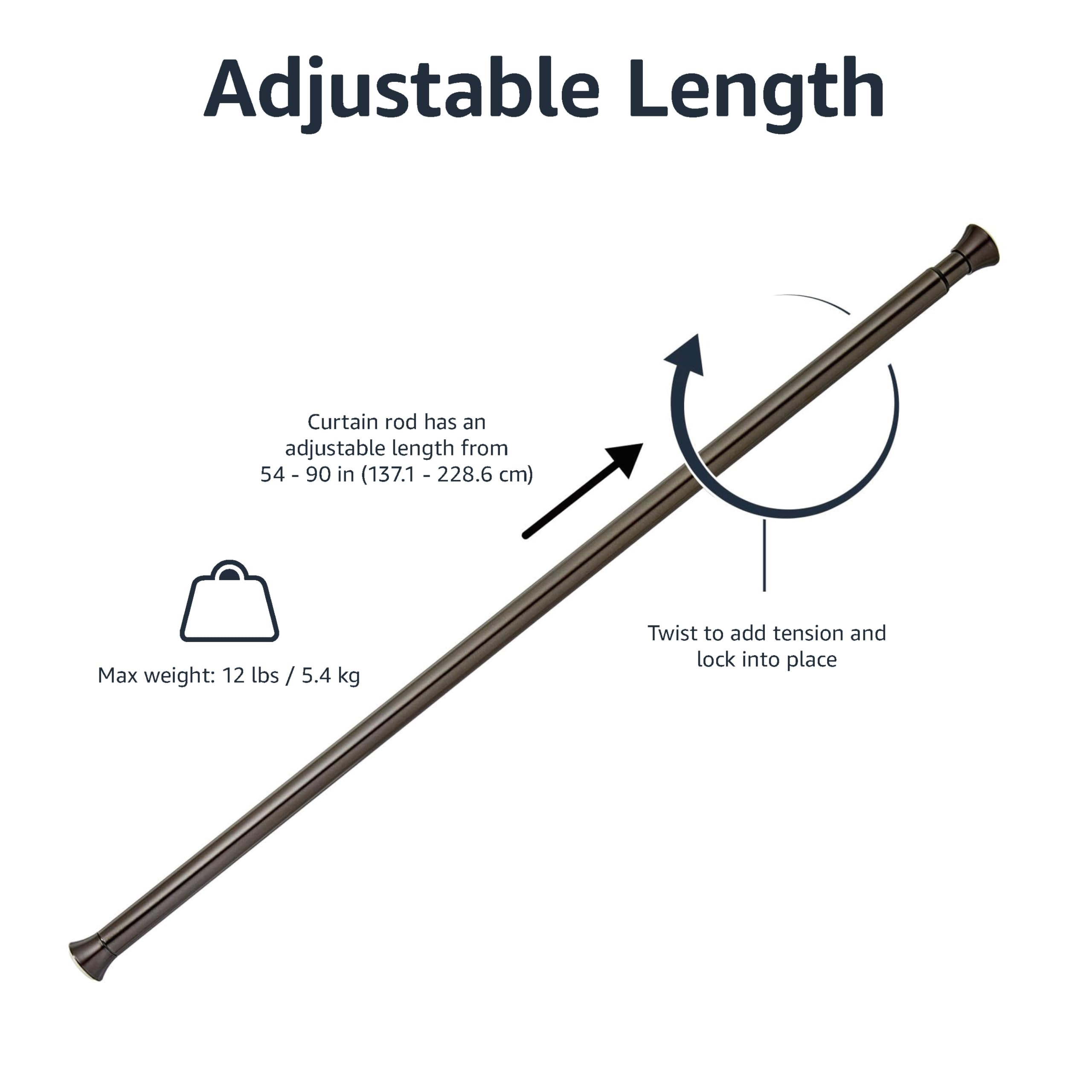 Amazon Basics tension rod supports varied fabrics up to 12 lb with no drilling required