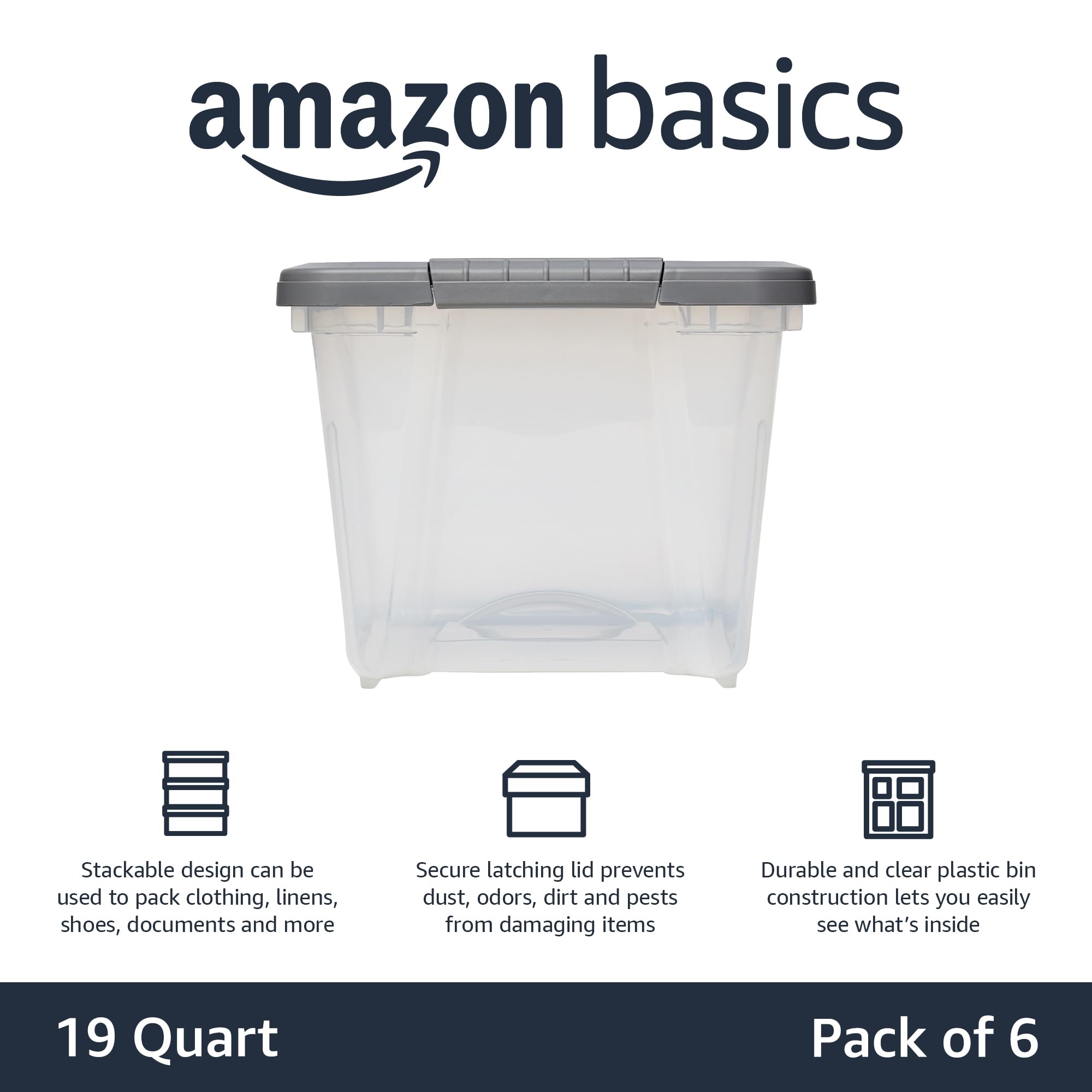 Amazon Basics clear bin with grey lid for quick content identification