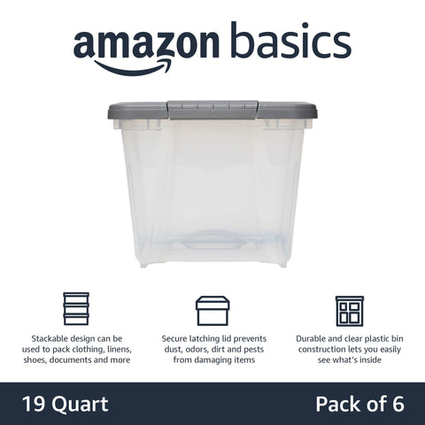 Amazon Basics clear bin with grey lid for quick content identification
