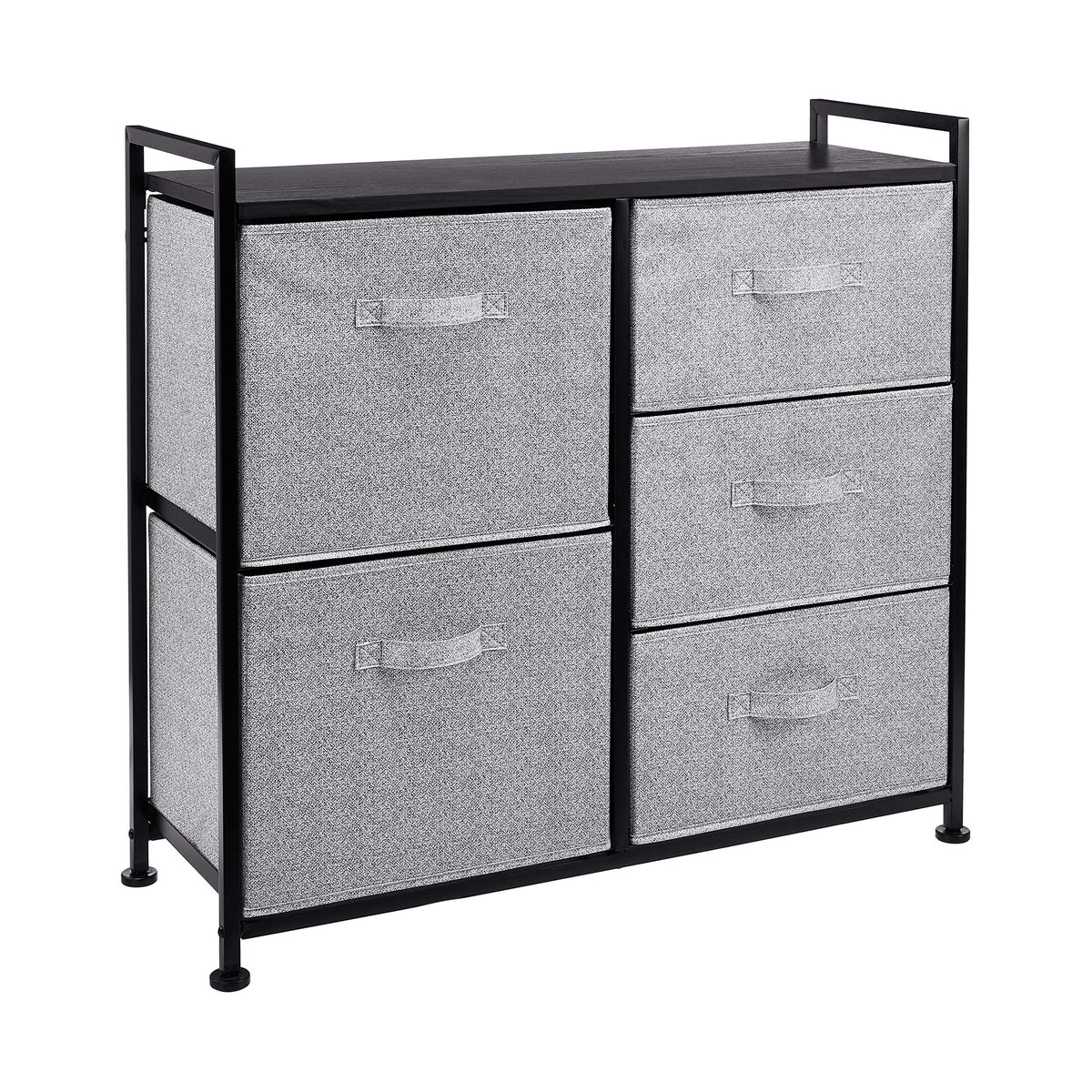 Amazon Basics closet organizer front view with five fabric drawers for organized storage.