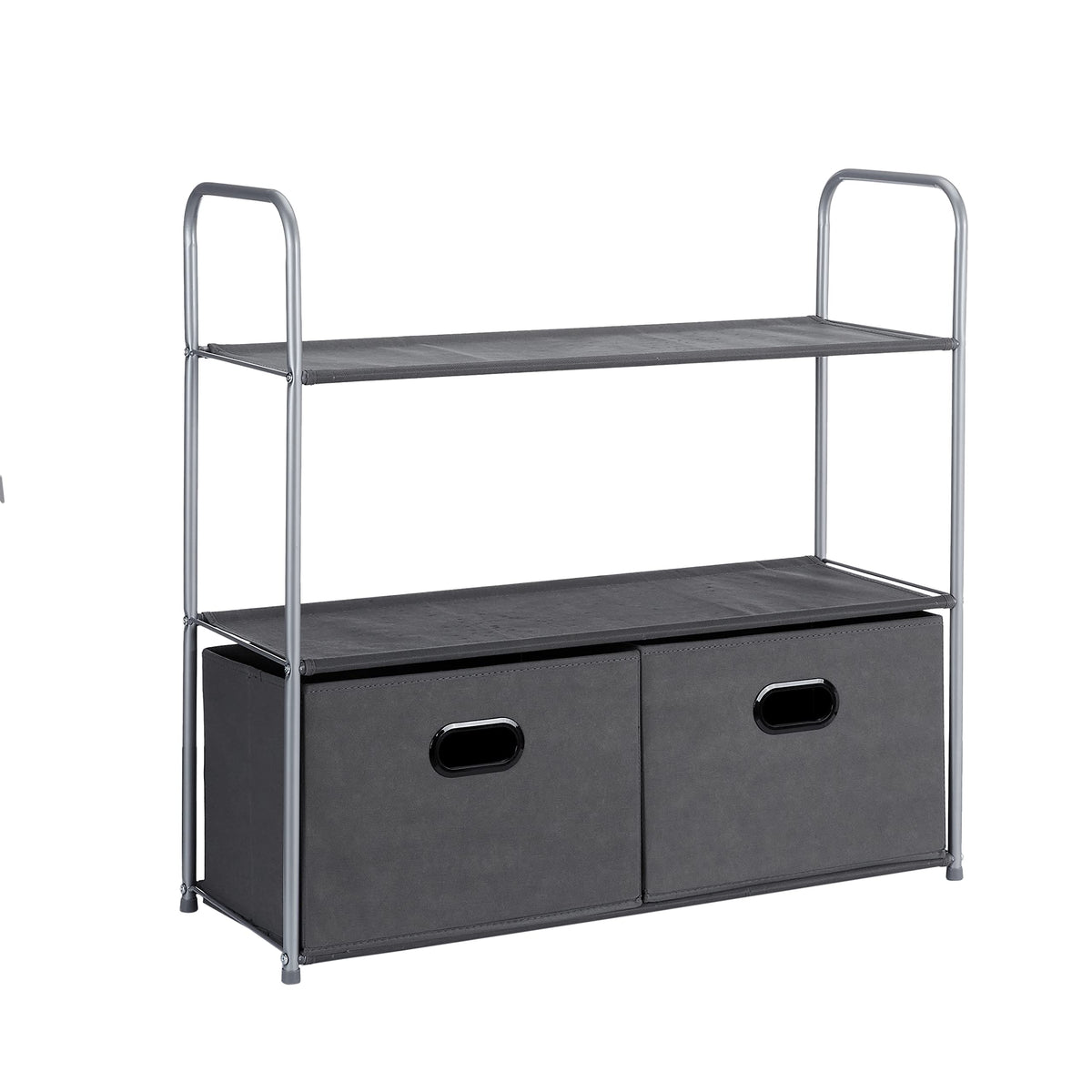 Amazon Basics closet organizer with fabric bins offers space-saving storage for small wardrobes.