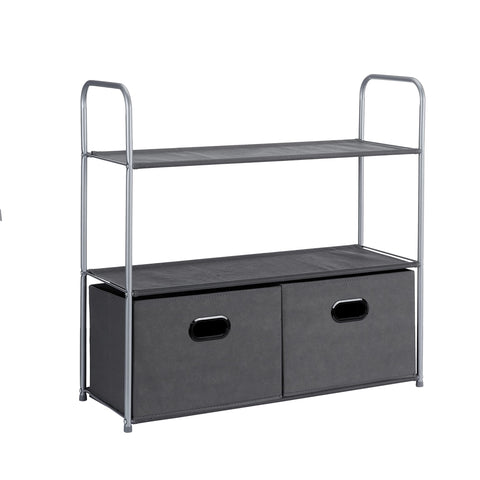 Amazon Basics closet organizer with fabric bins offers space-saving storage for small wardrobes.