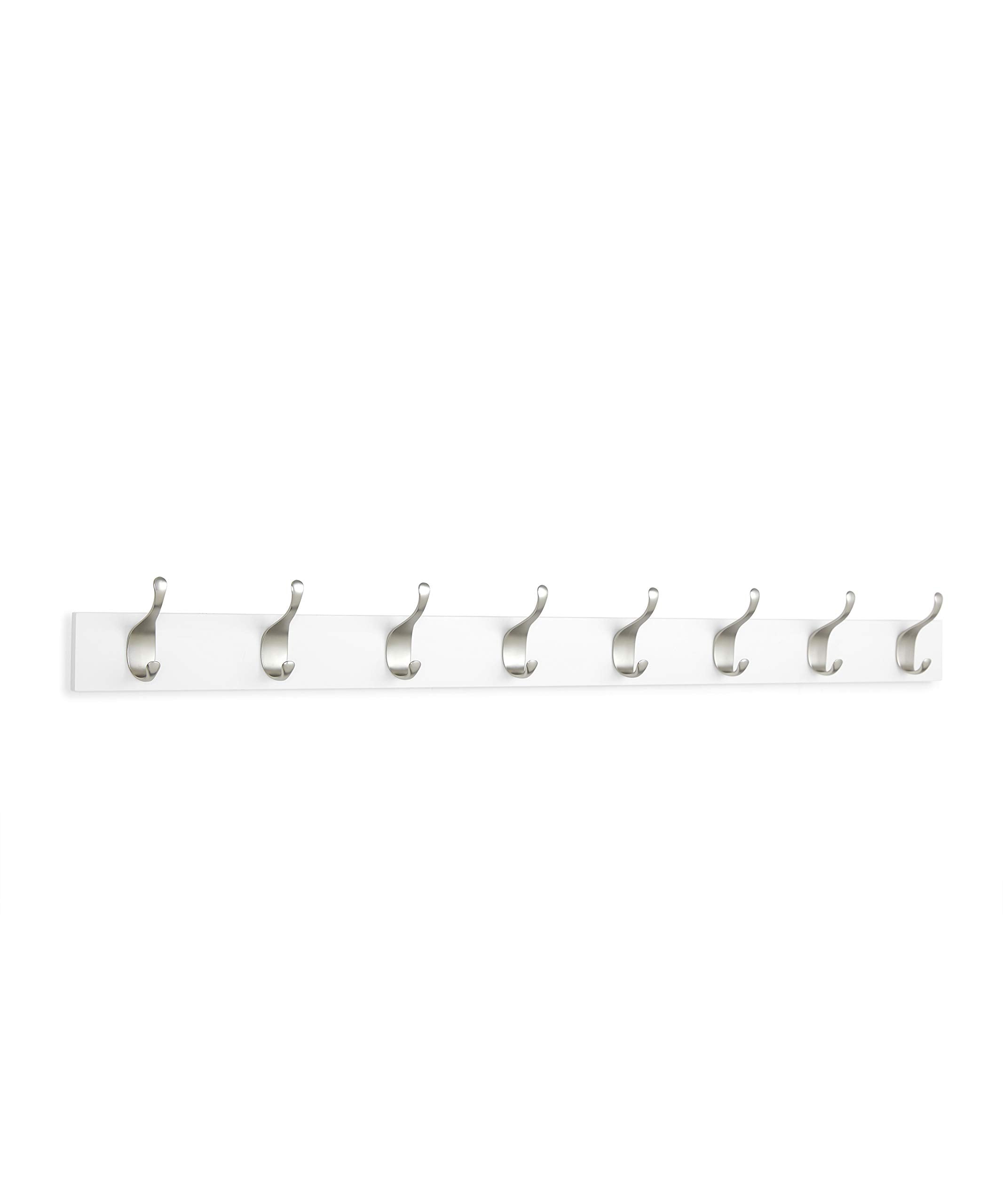 Amazon Basics rectangular rack with dual metal hooks supports coats, scarves, and towels.