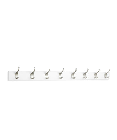 Amazon Basics rectangular rack with dual metal hooks supports coats, scarves, and towels.