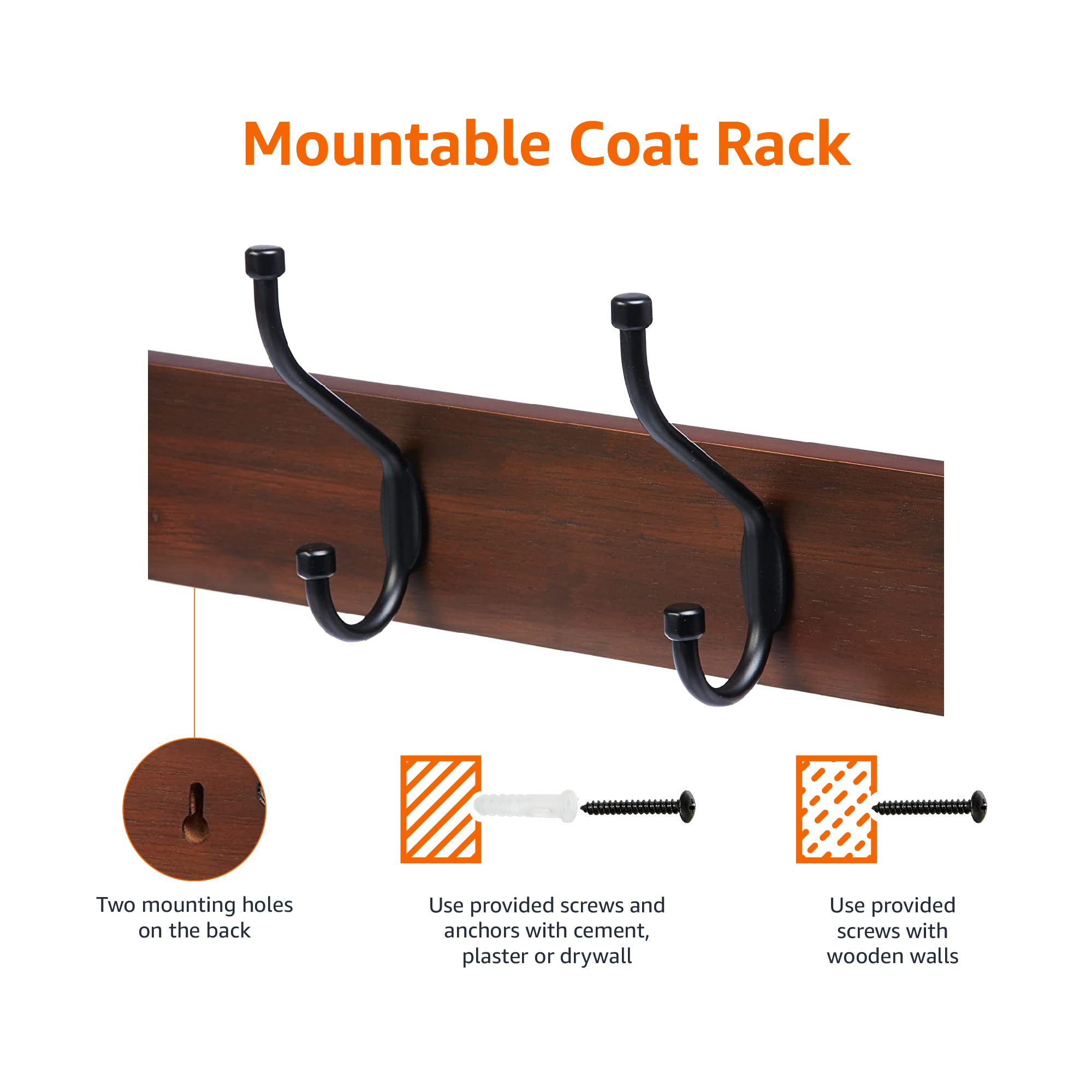 Amazon Basics wall-mount coat rack shown from side, highlighting wood base and flush mounting.