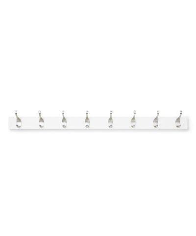 Amazon Basics 8-hook wall mounted coat rack with wood base keeps entryway organized.
