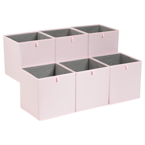 Amazon Basics collapsible cube bin in peony pink six-pack on a shelf, ideal for organized storage