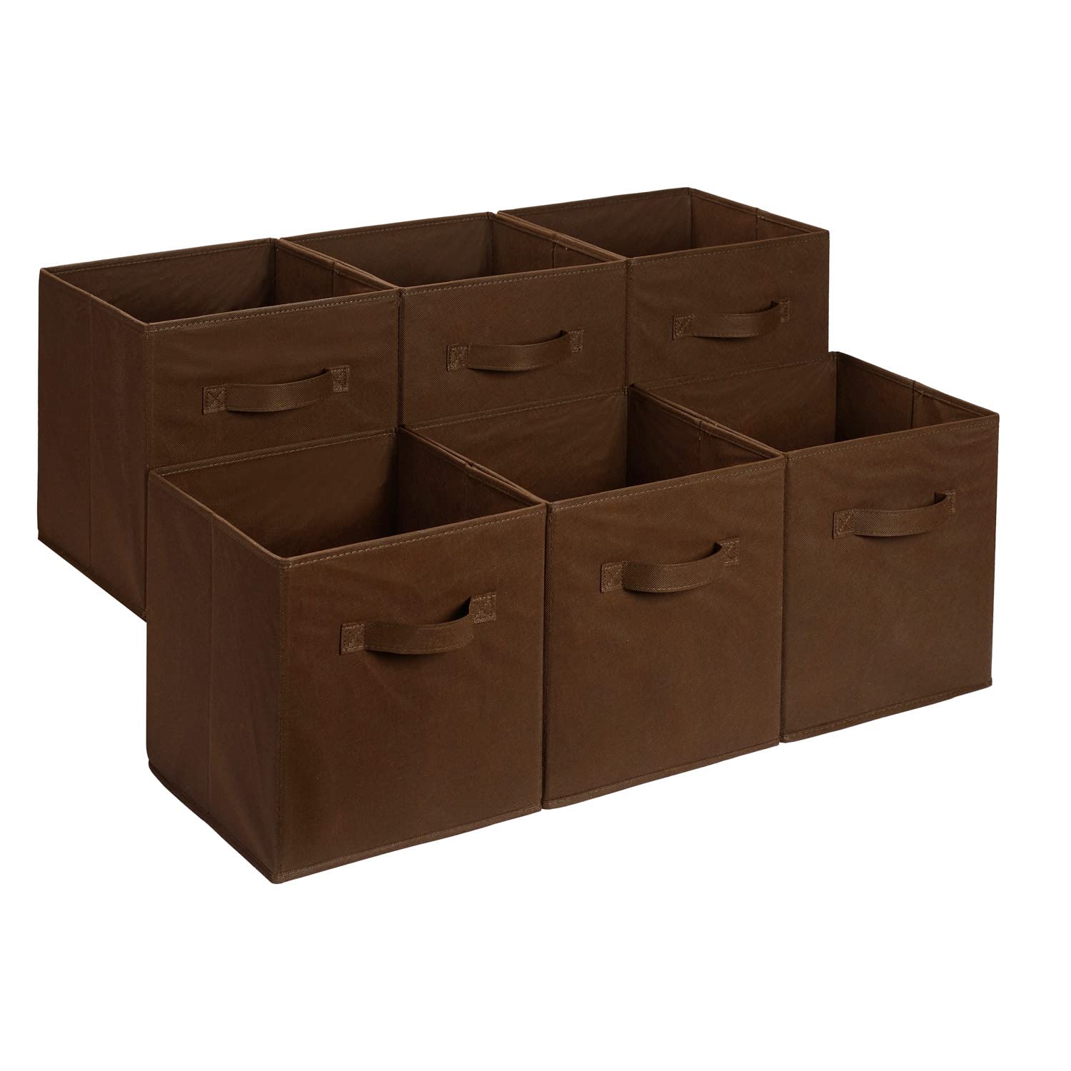Amazon Basics brown collapsible fabric storage bin with handle for open-top use.