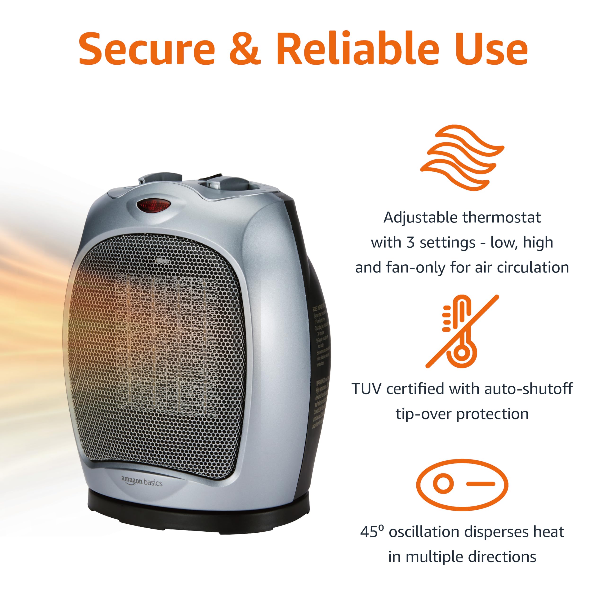 Amazon Basics compact portable heater fits on a desk or countertop for quick warmth.