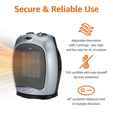 Amazon Basics compact portable heater fits on a desk or countertop for quick warmth.