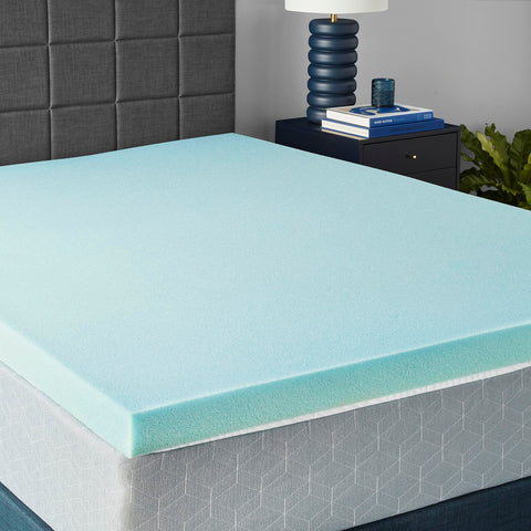 Amazon Basics cooling gel-infused topper on a queen bed for cooler, supportive sleep.
