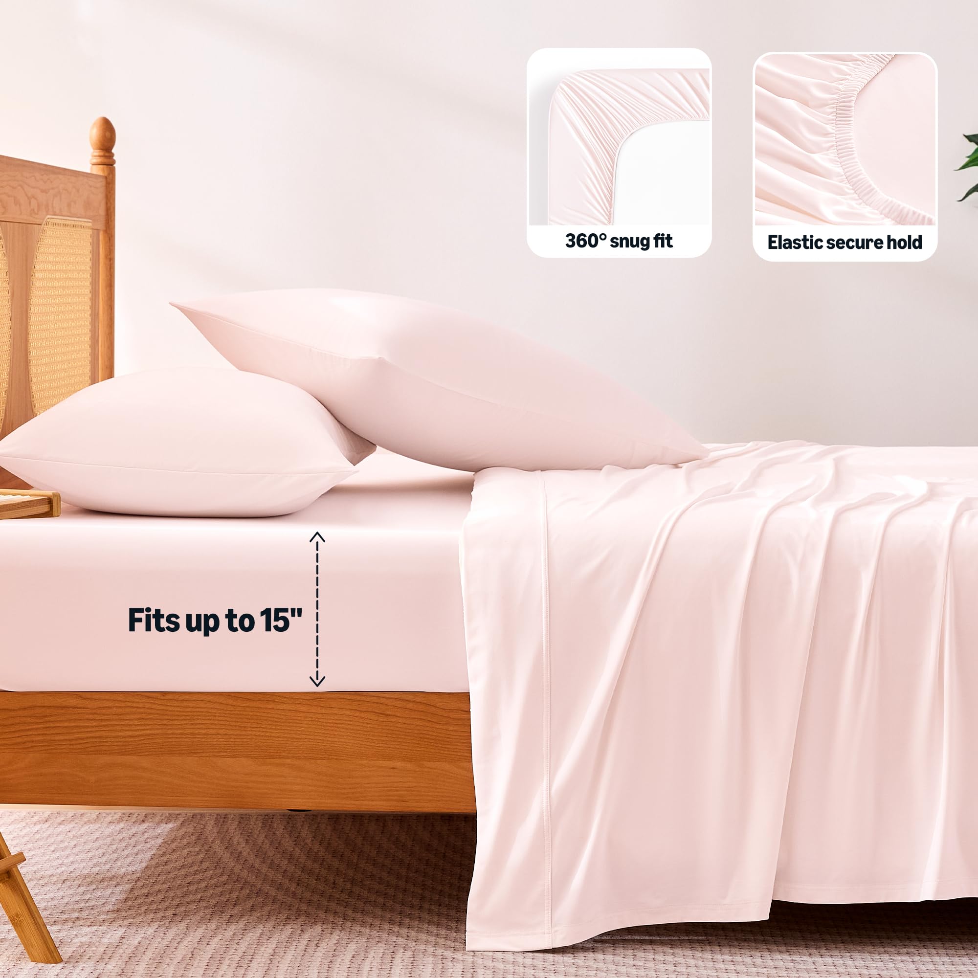 Amazon Basics cooling sheets with envelope pillowcases demonstrate tidy bedding setup.