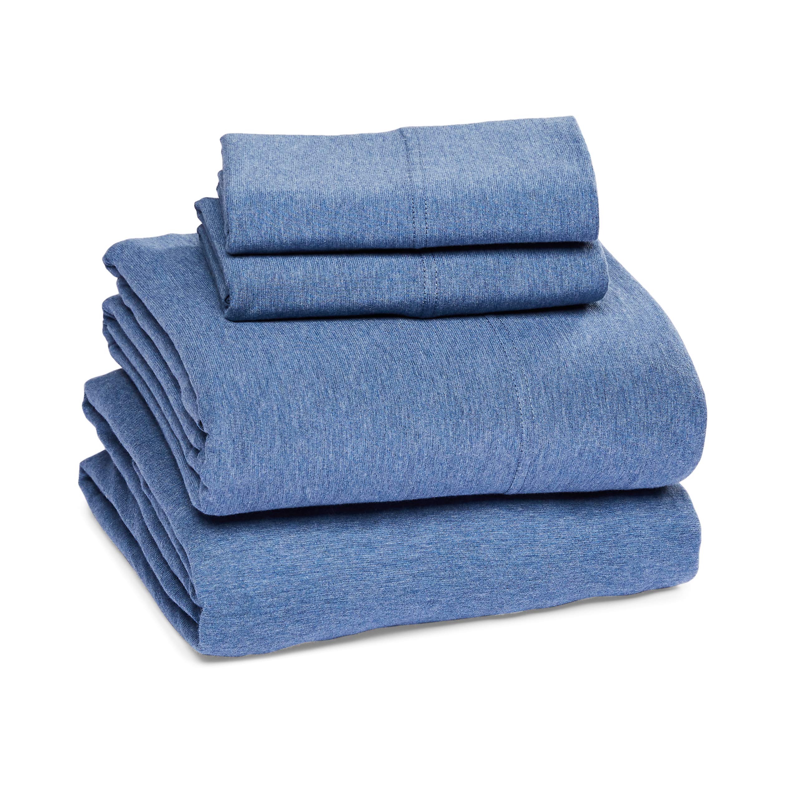 Amazon Basics cotton jersey close-up fabric texture showing plush feel and stretch.