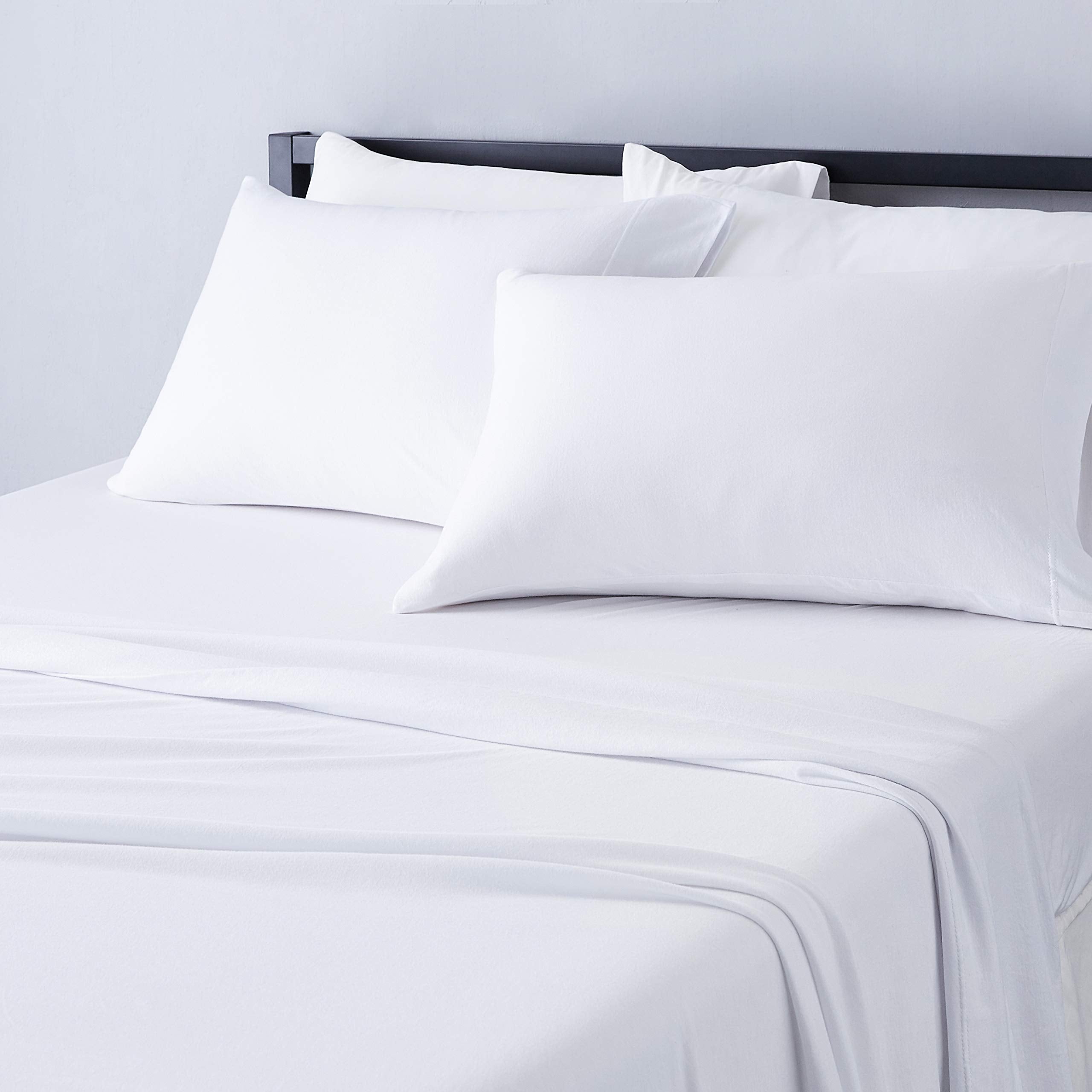 Amazon Basics king flat sheet in cotton jersey offers soft, breathable night comfort.