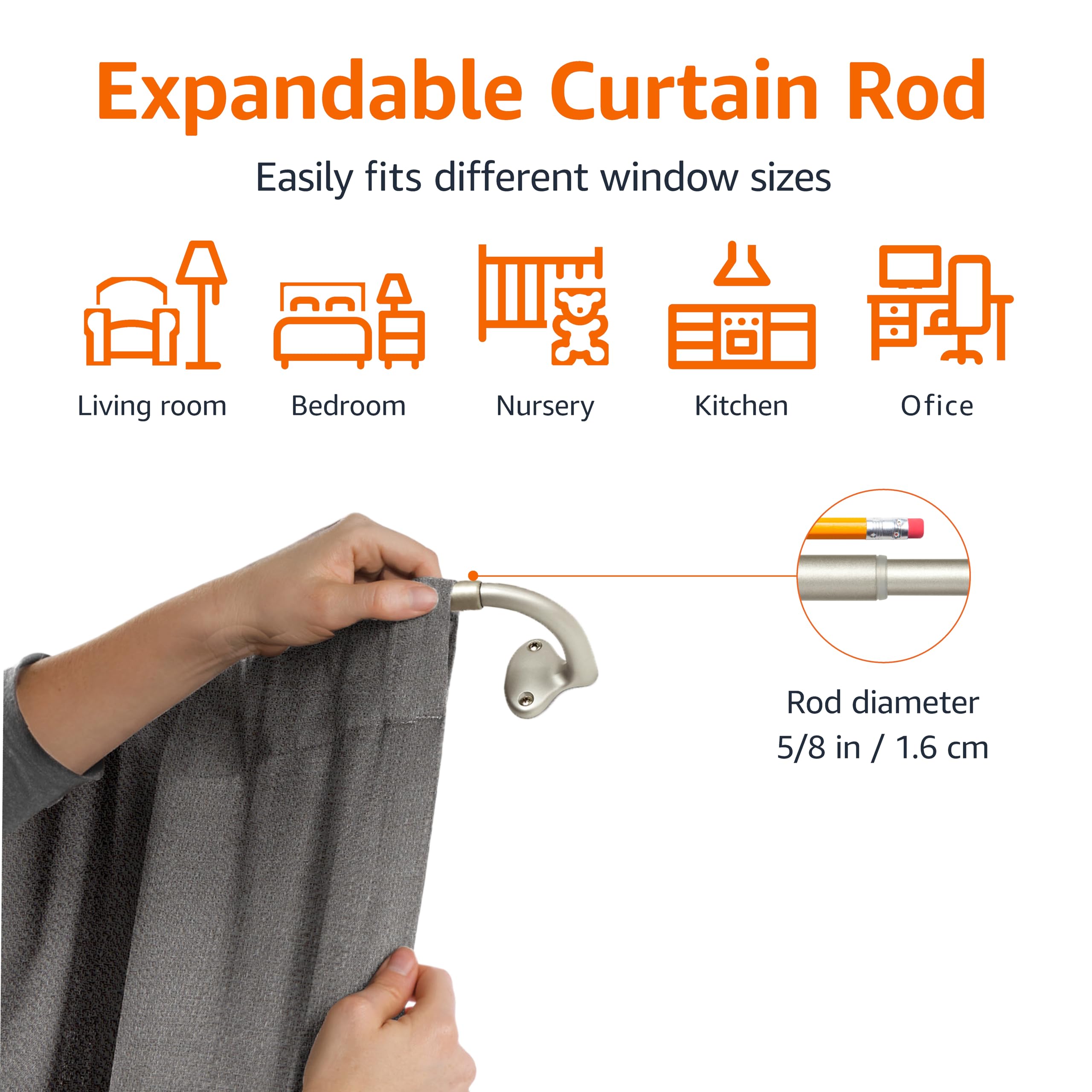 Amazon Basics nickel-finish rod with a five-eighth inch diameter for sturdy drapery support.
