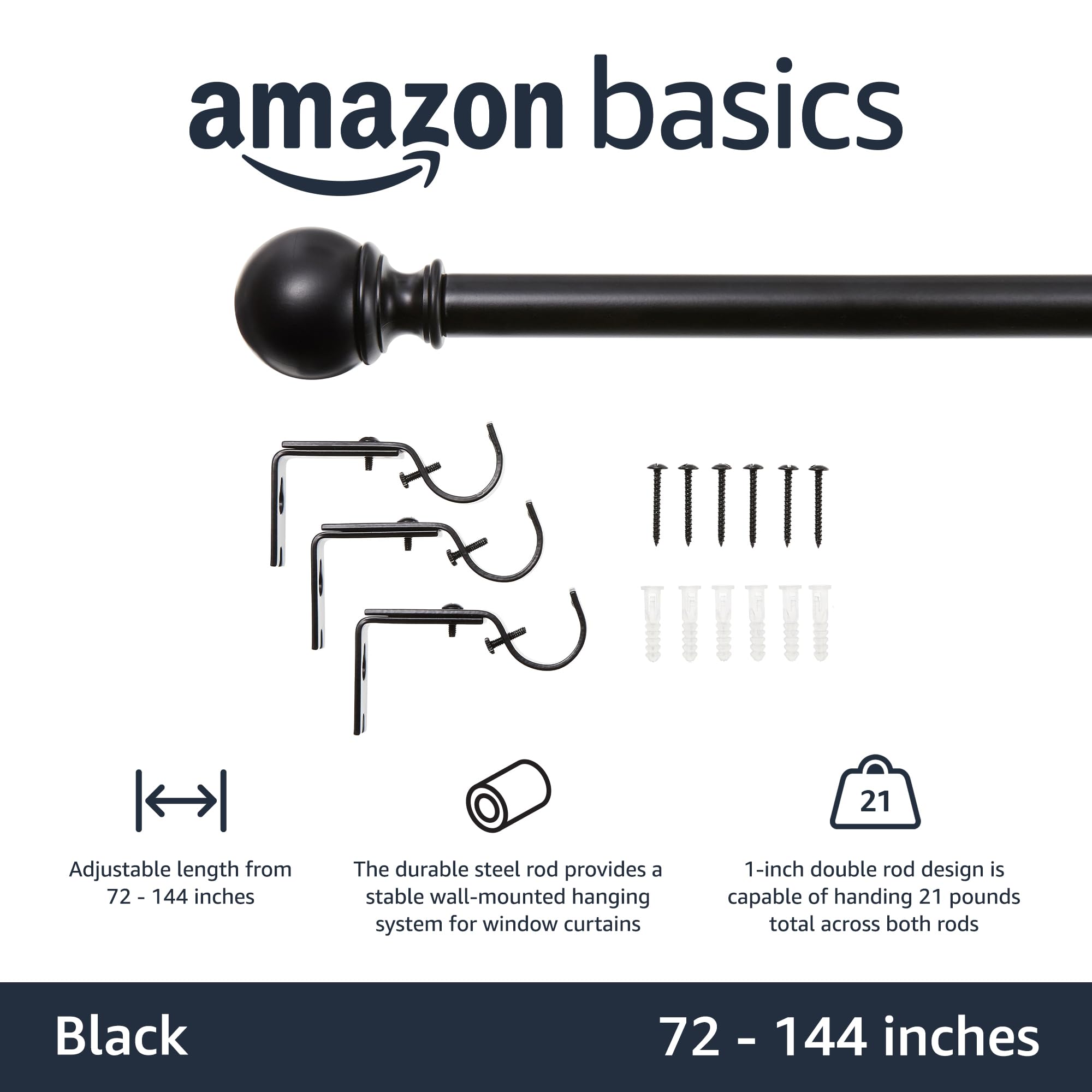 Amazon Basics curtain rod showcases heavy-drapery support for thicker fabrics.