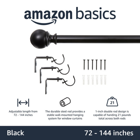Amazon Basics curtain rod showcases heavy-drapery support for thicker fabrics.