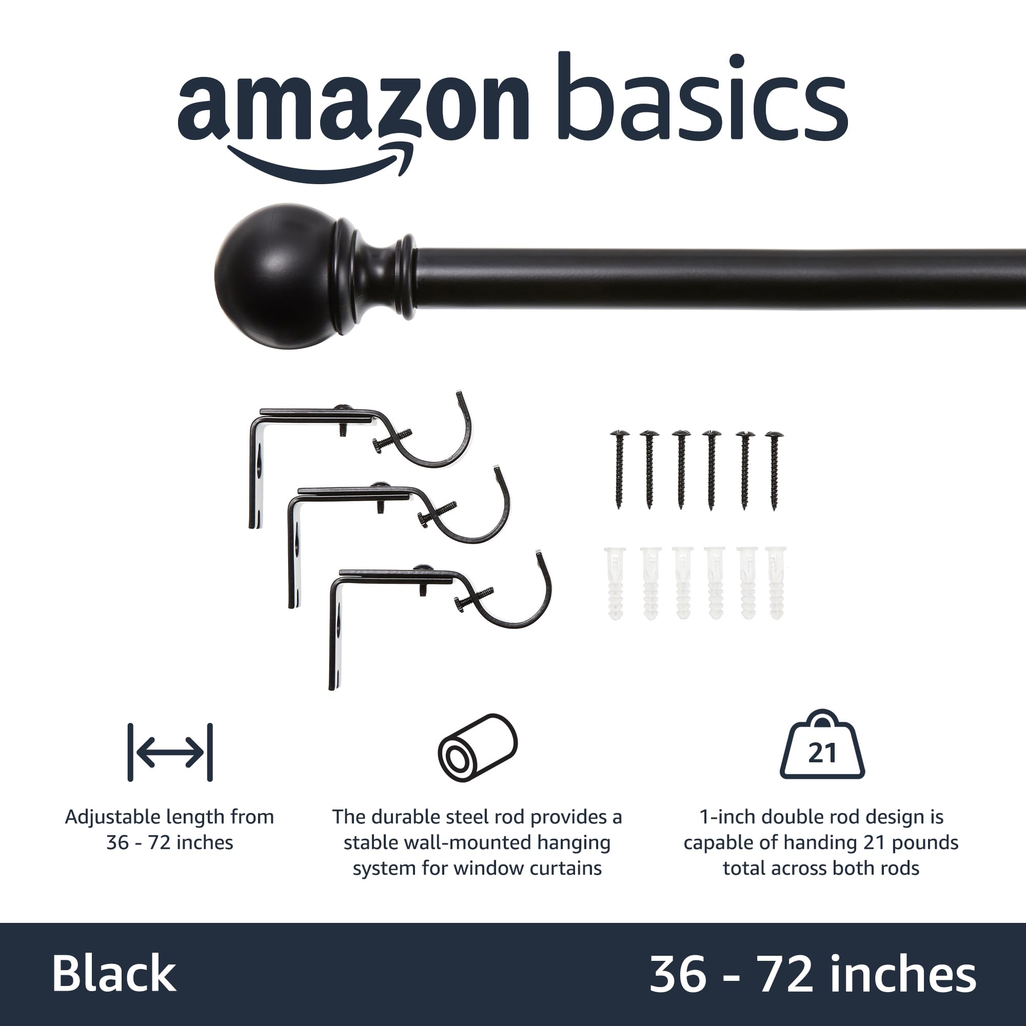Amazon Basics curtain rod with included hardware, easy wall installation