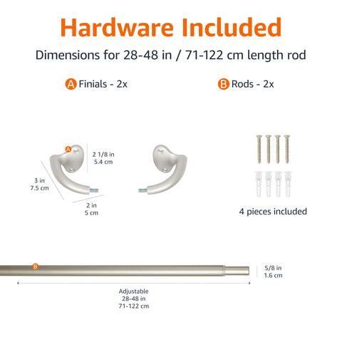 Amazon Basics curtain rod includes wall-mount hardware for quick, tool-friendly installation.