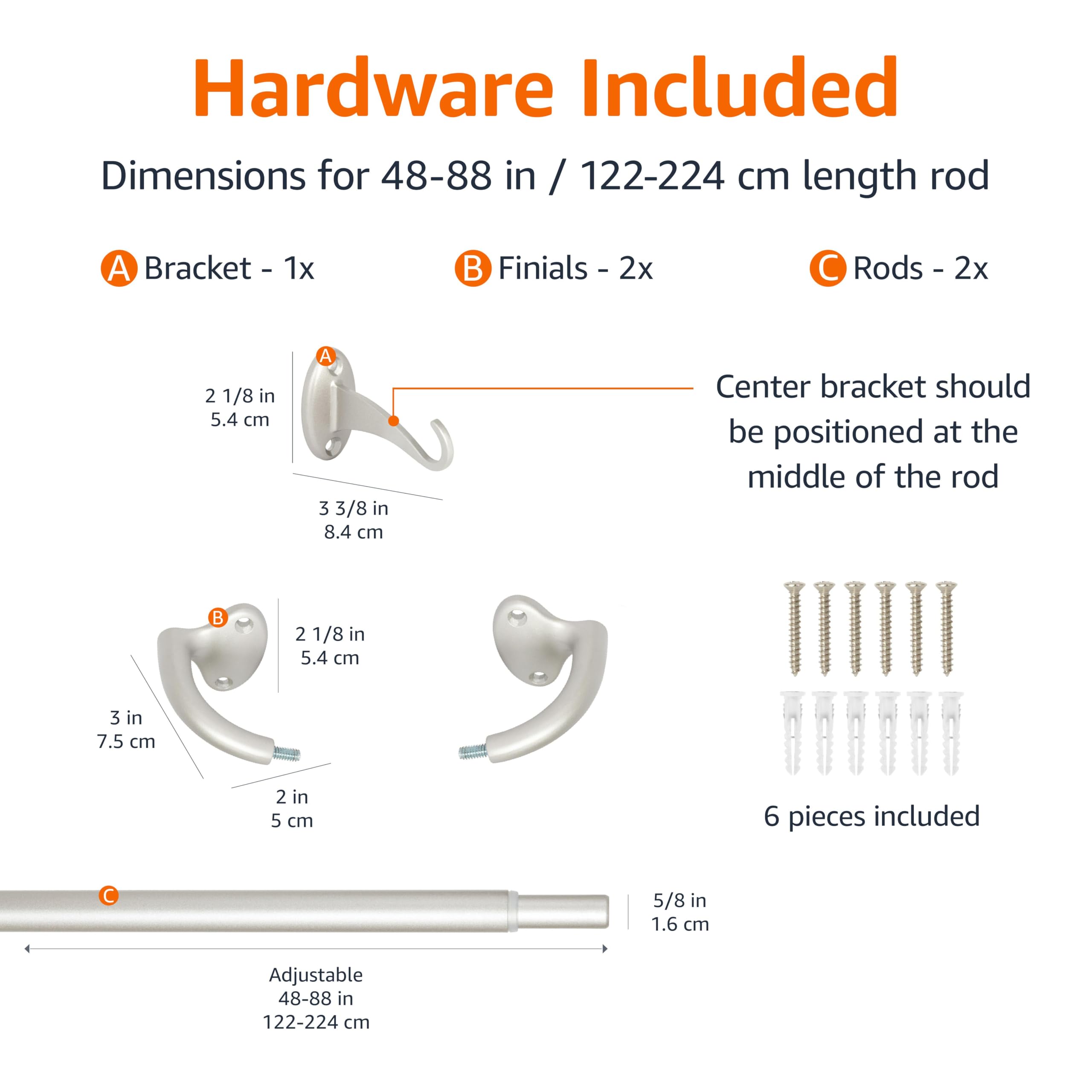 Amazon Basics curtain rod includes wall-mount hardware for quick setup.