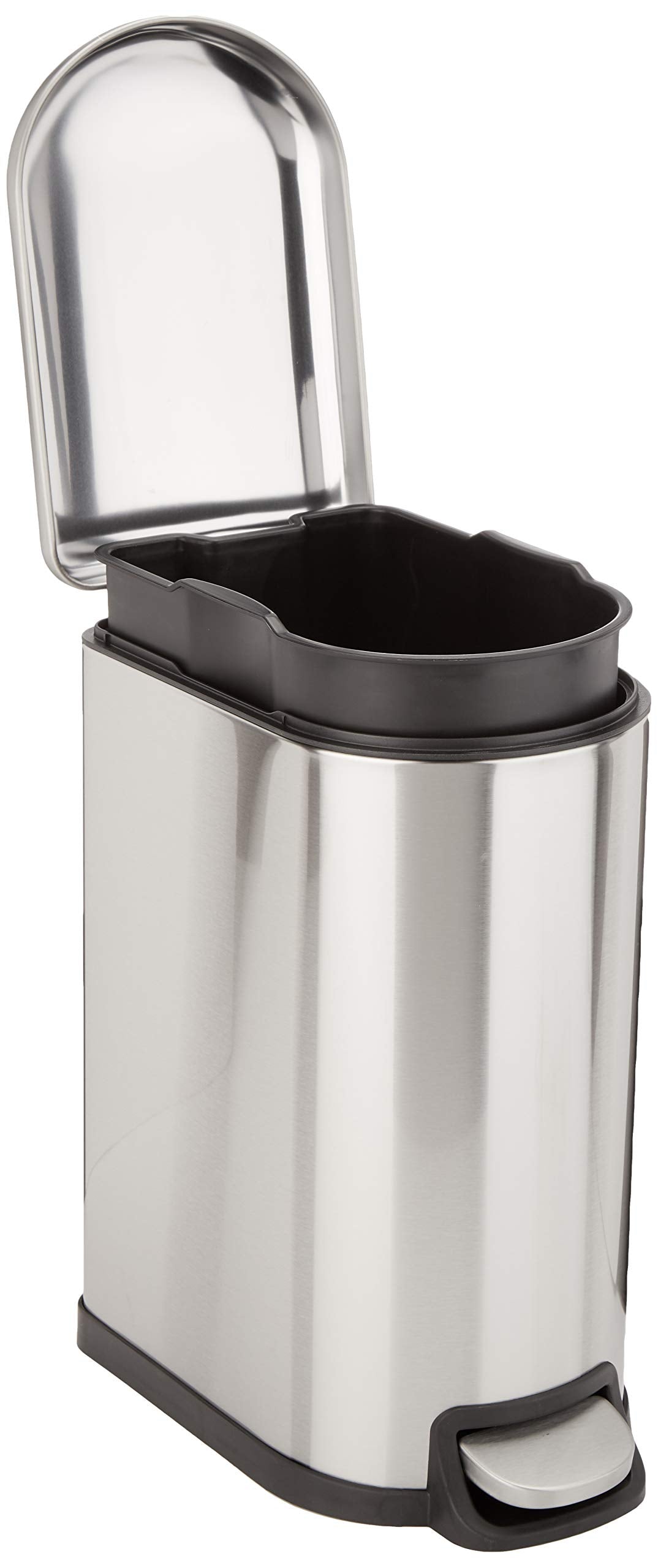 Amazon Basics D-Shaped trash can with soft-close pedal for quiet operation.