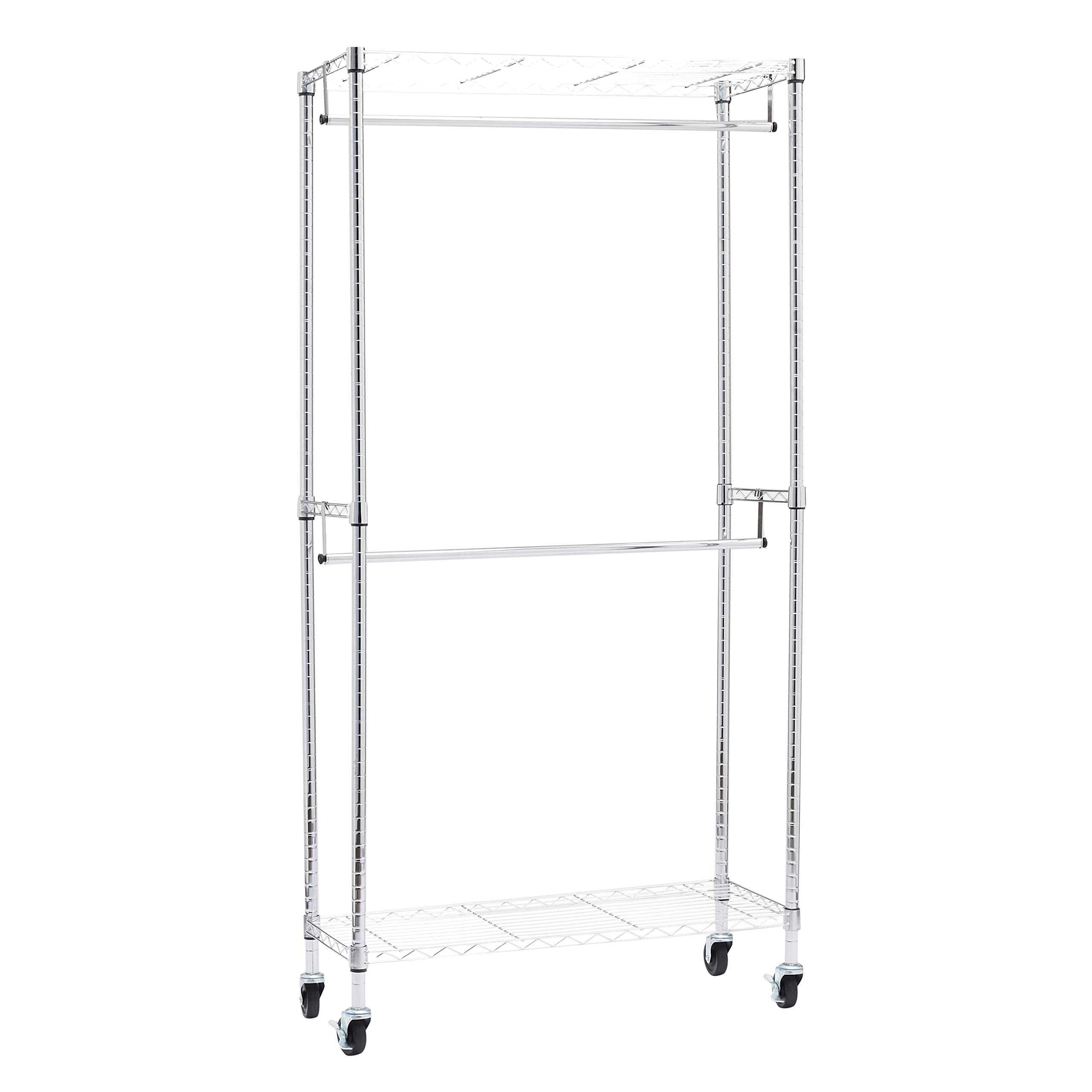 Amazon Basics double hanging rod rack in chrome finish for organized wardrobe.